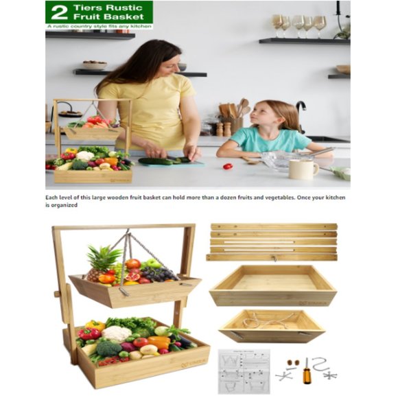 2-Tier Hanging Wooden Fruit Basket & Veggie Stand w/ Adjustable Height - Picture 9 of 10